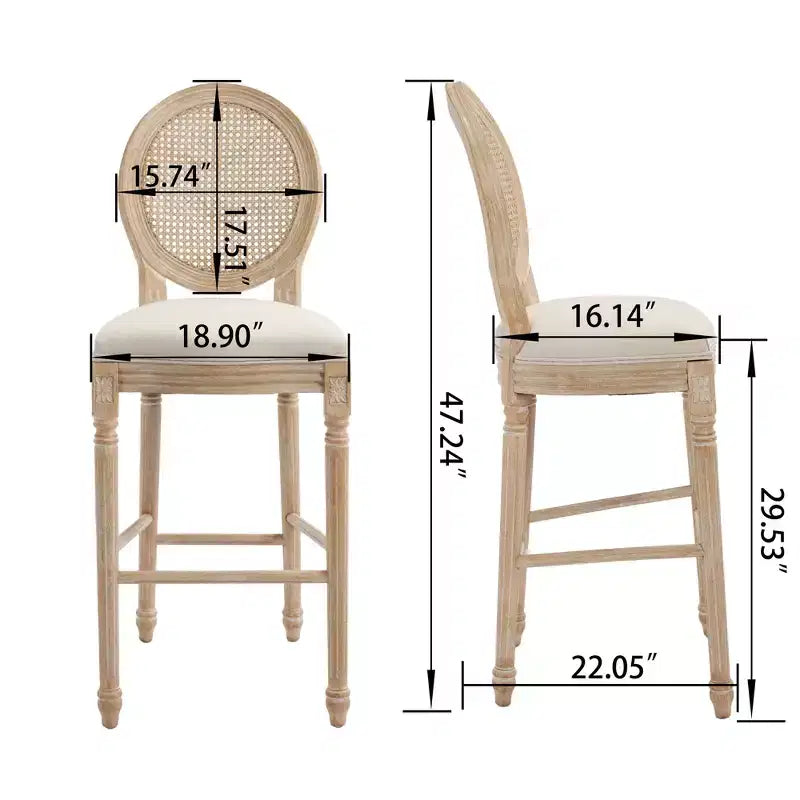 Set di 2 sgabelli da bar Francese Campagna 30", schienale rotondo in rattan naturale imbottito, intaglio con trafilatura, beige