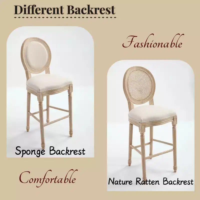Set di 2 sgabelli da bar Francese Campagna 30", schienale rotondo in rattan naturale imbottito, intaglio con trafilatura, beige