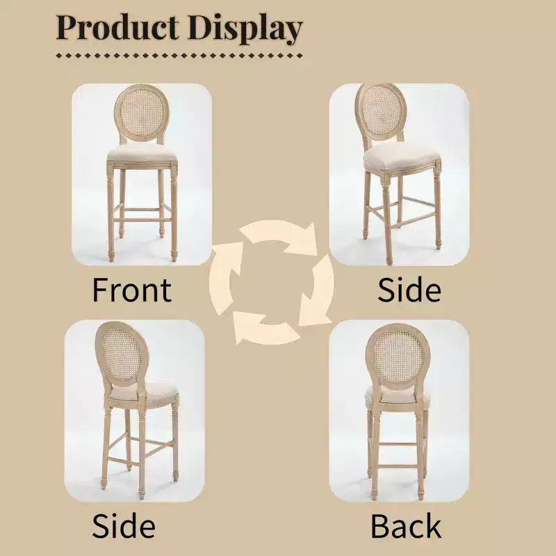 Set di 2 sgabelli da bar Francese Campagna 30", schienale rotondo in rattan naturale imbottito, intaglio con trafilatura, beige