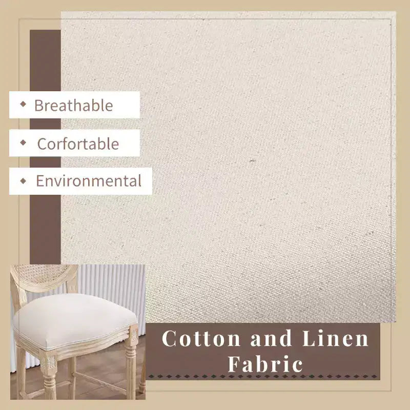 Set di 2 sgabelli da bar Francese Campagna 30", schienale rotondo in rattan naturale imbottito, intaglio con trafilatura, beige