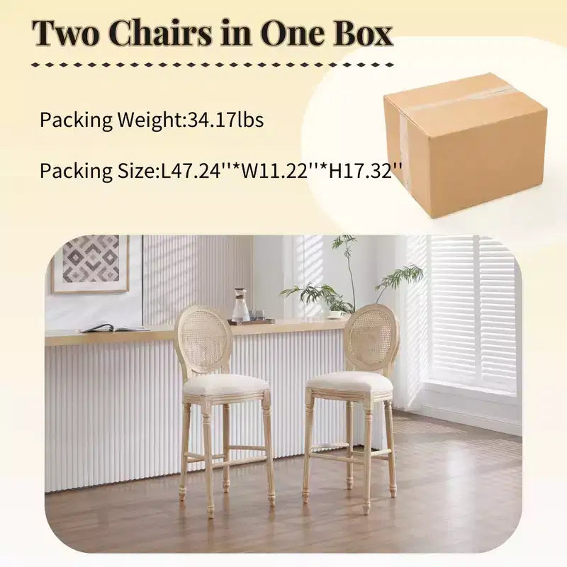 Set di 2 sgabelli da bar Francese Campagna 30", schienale rotondo in rattan naturale imbottito, intaglio con trafilatura, beige