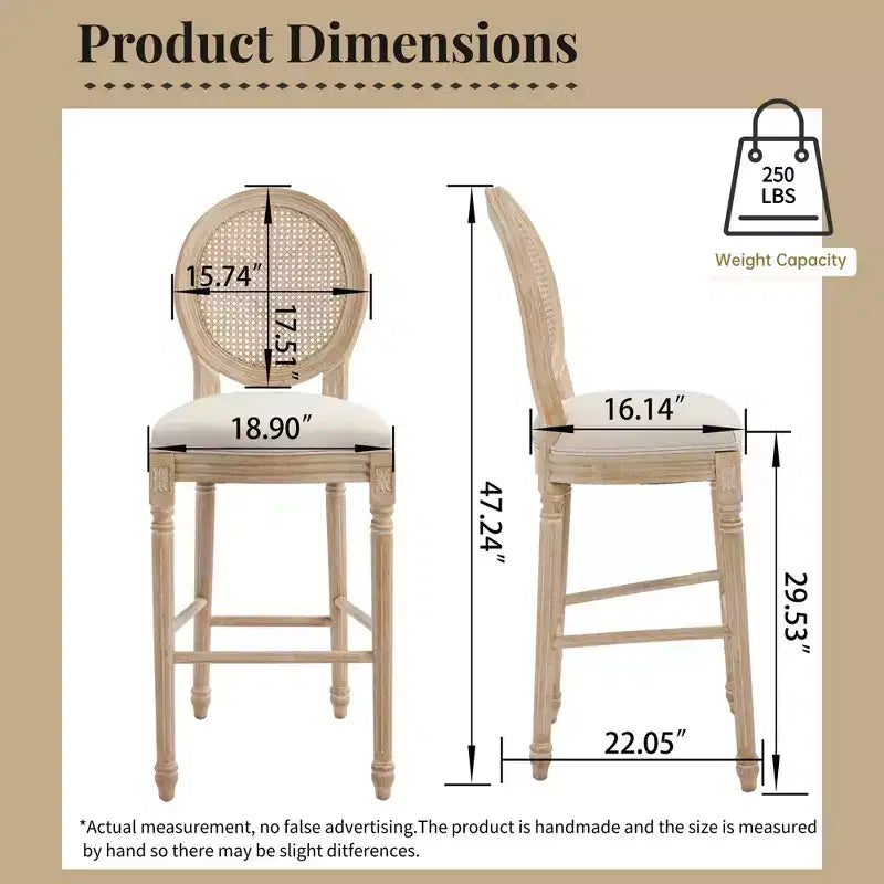 Set di 2 sgabelli da bar Francese Campagna 30", schienale rotondo in rattan naturale imbottito, intaglio con trafilatura, beige