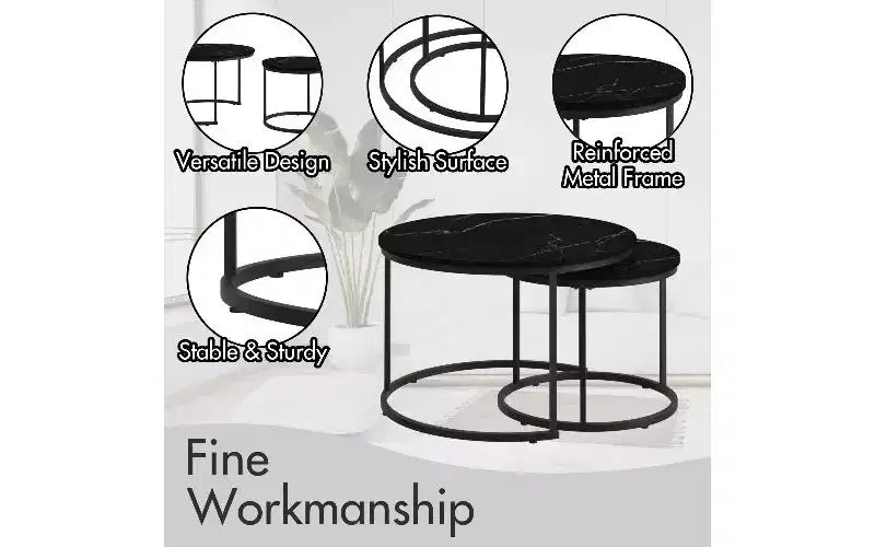 Set di 2 tavolini da caffè sovrapponibili TUYOHW effetto marmo, tavolino centrale salvaspazio per soggiorno, tavolino rotondo con piano in legno effetto marmo