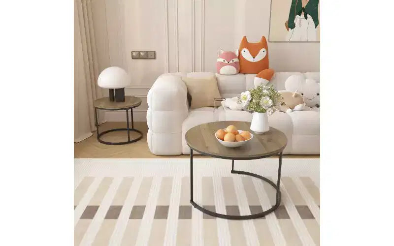 Set di 2 tavolini da caffè sovrapponibili TUYOHW effetto marmo, tavolino centrale salvaspazio per soggiorno, tavolino rotondo con piano in legno effetto marmo
