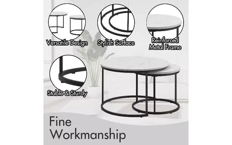 Set di 2 tavolini da caffè sovrapponibili TUYOHW effetto marmo, tavolino centrale salvaspazio per soggiorno, tavolino rotondo con piano in legno effetto marmo