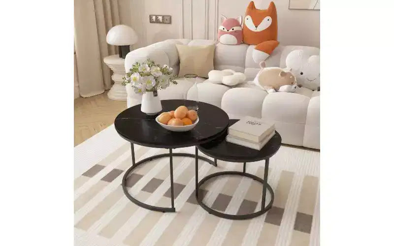 TUYOHW 2-Piece Marbling Nesting Coffee Table Set, Space-Saving Center Table for Living Room, Round Coffee Table Wood Marble Pattern Top