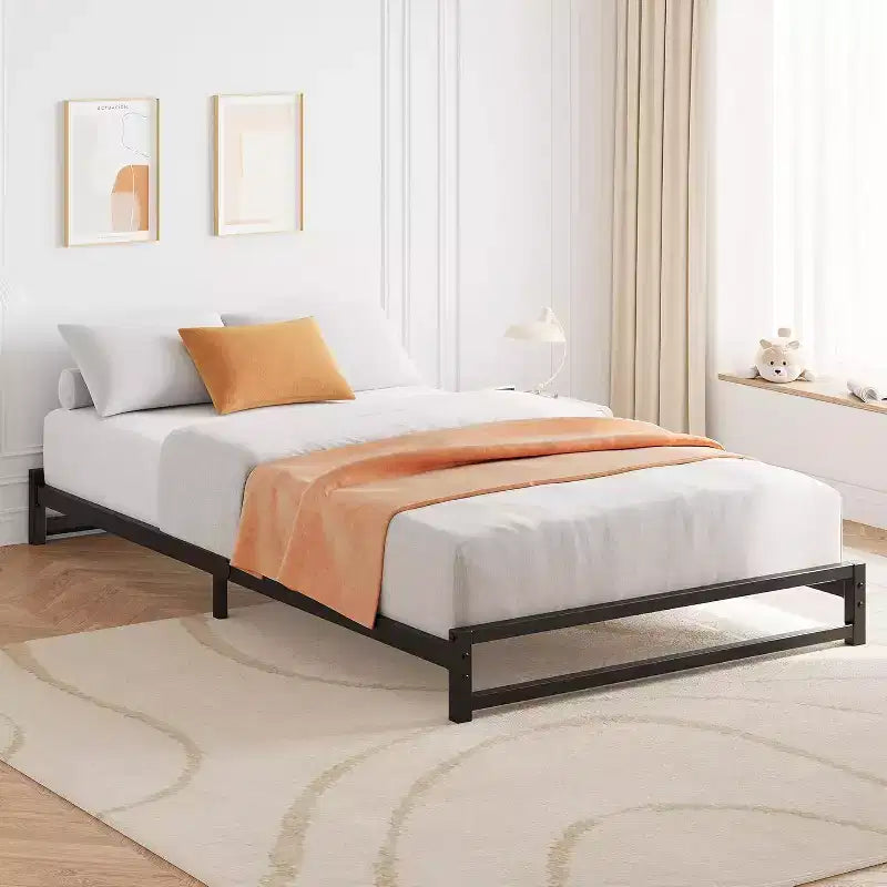 Flat Bed Frame Sturdy Metal Platform with Box-Free Design,Easy No-Tool Assembly, Space-Saving Low Profile,Underbed Storage & Modern Minimalist Style
