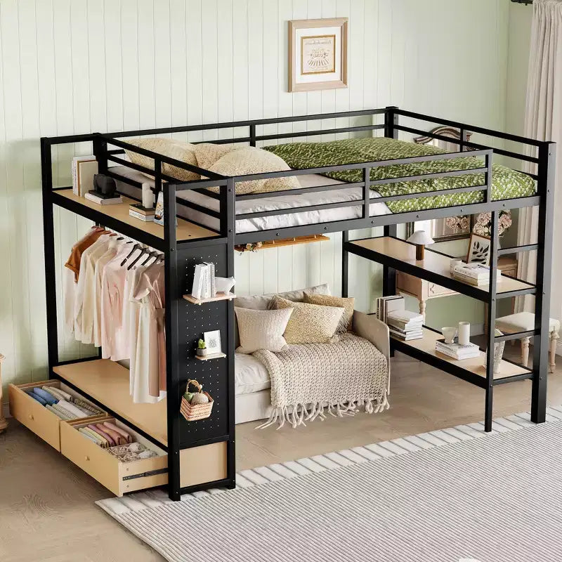 Bellemave Loft Bed with Wardrobe and Pegboard,Metal Loft Bed Frame with Storage Shelves and Guardrails for Kids,Teens and Adults,Black