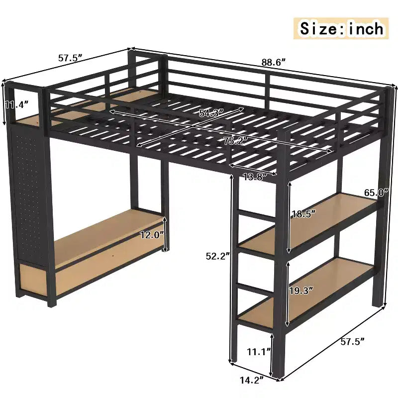 Bellemave Letto a soppalco con armadio e pannello forato, Struttura letto a soppalco in metallo con mensole portaoggetti e spondine per bambini, ragazzi e adulti, Nero