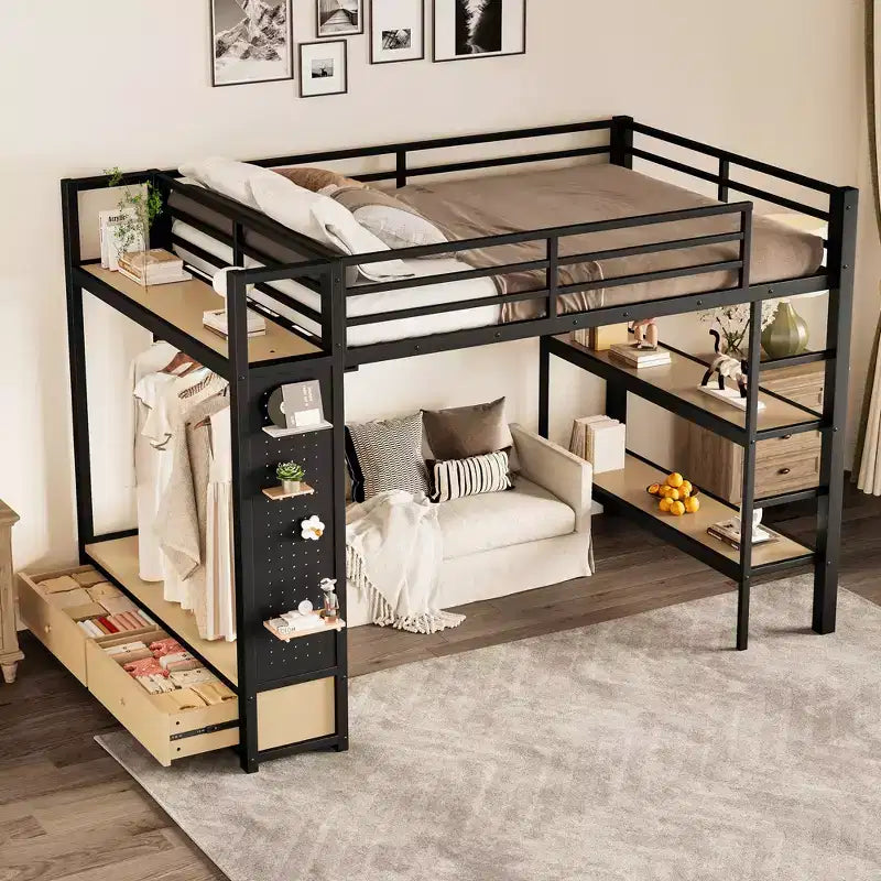 Bellemave Letto a soppalco con armadio e pannello forato, Struttura letto a soppalco in metallo con mensole portaoggetti e spondine per bambini, ragazzi e adulti, Nero