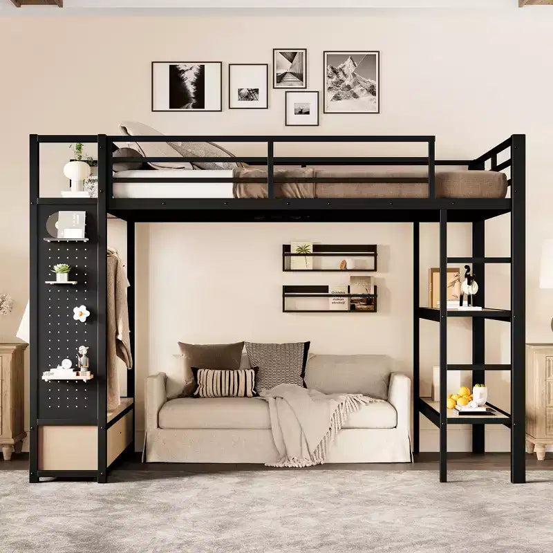 Bellemave Letto a soppalco con armadio e pannello forato, Struttura letto a soppalco in metallo con mensole portaoggetti e spondine per bambini, ragazzi e adulti, Nero