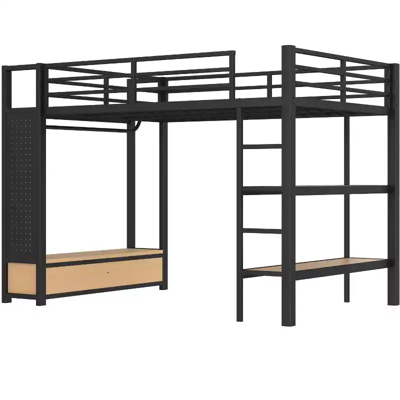 Bellemave Letto a soppalco con armadio e pannello forato, Struttura letto a soppalco in metallo con mensole portaoggetti e spondine per bambini, ragazzi e adulti, Nero