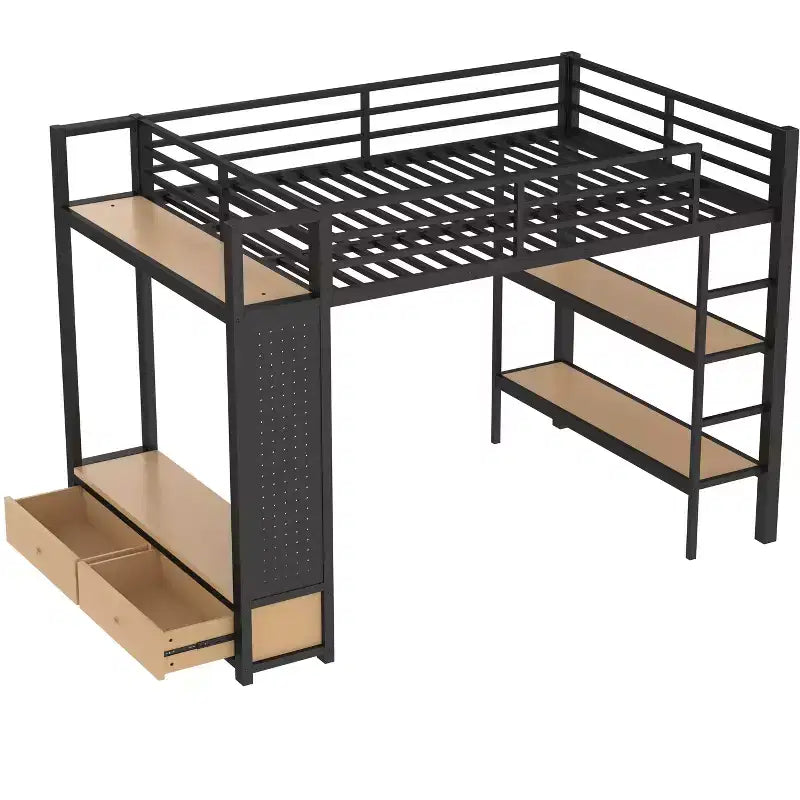 Bellemave Letto a soppalco con armadio e pannello forato, Struttura letto a soppalco in metallo con mensole portaoggetti e spondine per bambini, ragazzi e adulti, Nero
