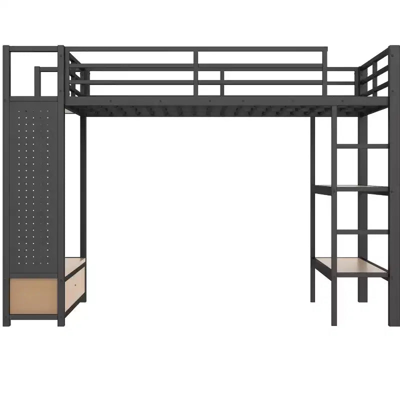 Bellemave Letto a soppalco con armadio e pannello forato, Struttura letto a soppalco in metallo con mensole portaoggetti e spondine per bambini, ragazzi e adulti, Nero