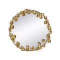 35 Inch Round Metal Wall Mirror with Golden Leaf Accents