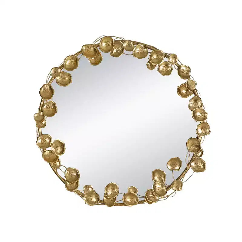 35 Inch Round Metal Wall Mirror with Golden Leaf Accents