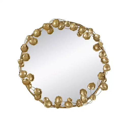 35 Inch Round Metal Wall Mirror with Golden Leaf Accents