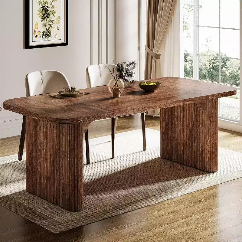 Tavolo da pranzo moderno Lantine per 6 persone, tavolo da cucina in legno da 157 cm con doppio piedistallo robusto per sala da pranzo