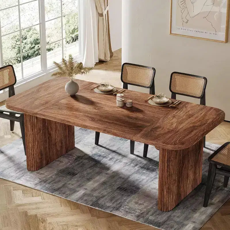 Tavolo da pranzo moderno Lantine per 6 persone, tavolo da cucina in legno da 157 cm con doppio piedistallo robusto per sala da pranzo