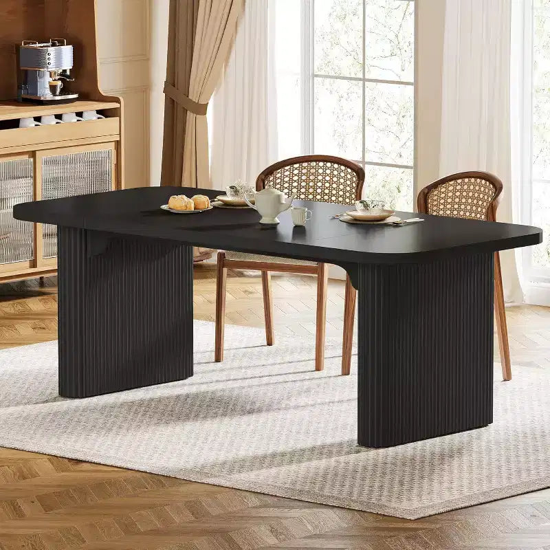 Tavolo da pranzo moderno Lantine per 6 persone, tavolo da cucina in legno da 157 cm con doppio piedistallo robusto per sala da pranzo