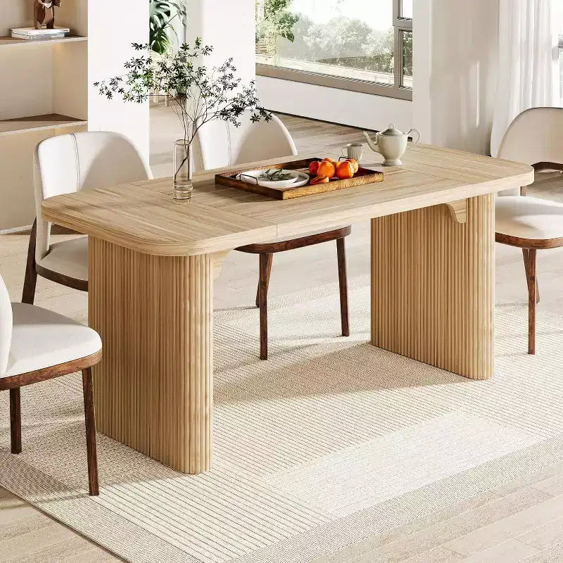 Tavolo da pranzo moderno Lantine per 6 persone, tavolo da cucina in legno da 157 cm con doppio piedistallo robusto per sala da pranzo