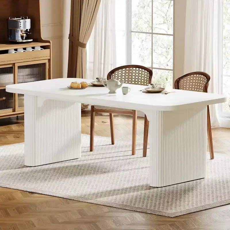 Tavolo da pranzo moderno Lantine per 6 persone, tavolo da cucina in legno da 157 cm con doppio piedistallo robusto per sala da pranzo