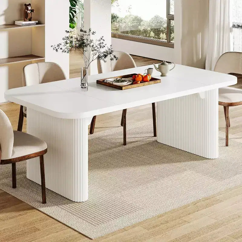 Tavolo da pranzo moderno Lantine per 6 persone, tavolo da cucina in legno da 157 cm con doppio piedistallo robusto per sala da pranzo