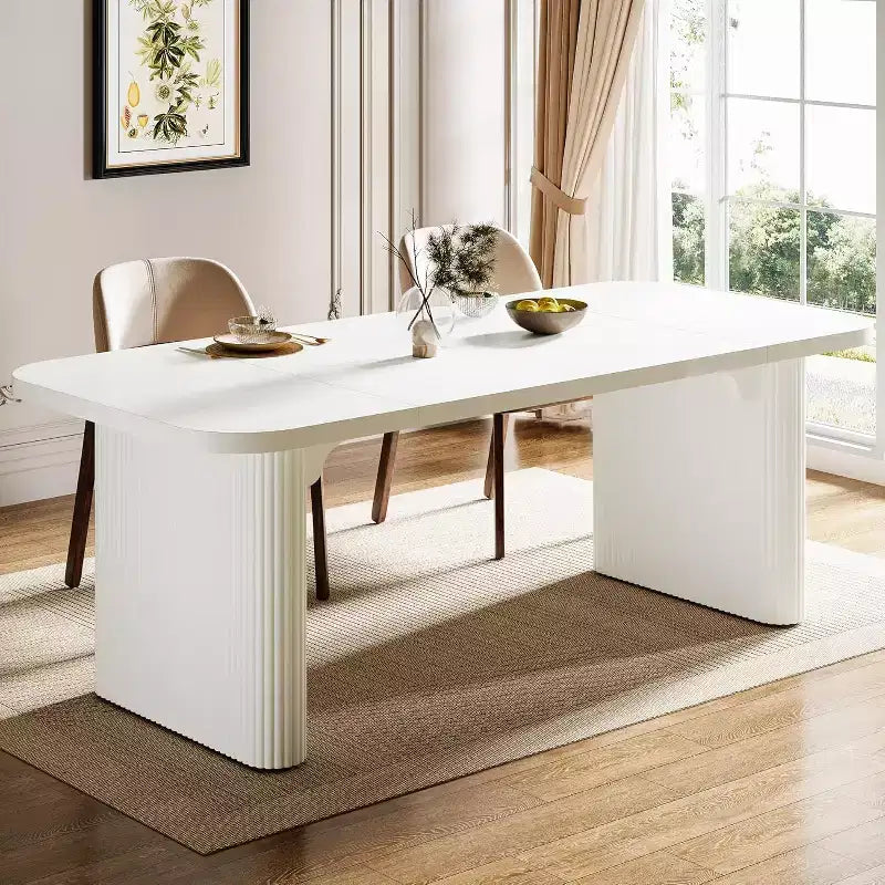 Tavolo da pranzo moderno Lantine per 6 persone, tavolo da cucina in legno da 157 cm con doppio piedistallo robusto per sala da pranzo