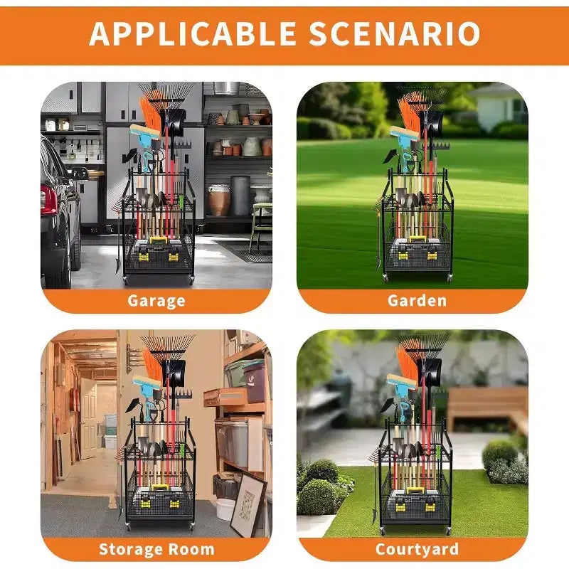 Organizzatore verticale portautensili da giardino con ruote, mensole e cesti - Per riporre attrezzi da giardino