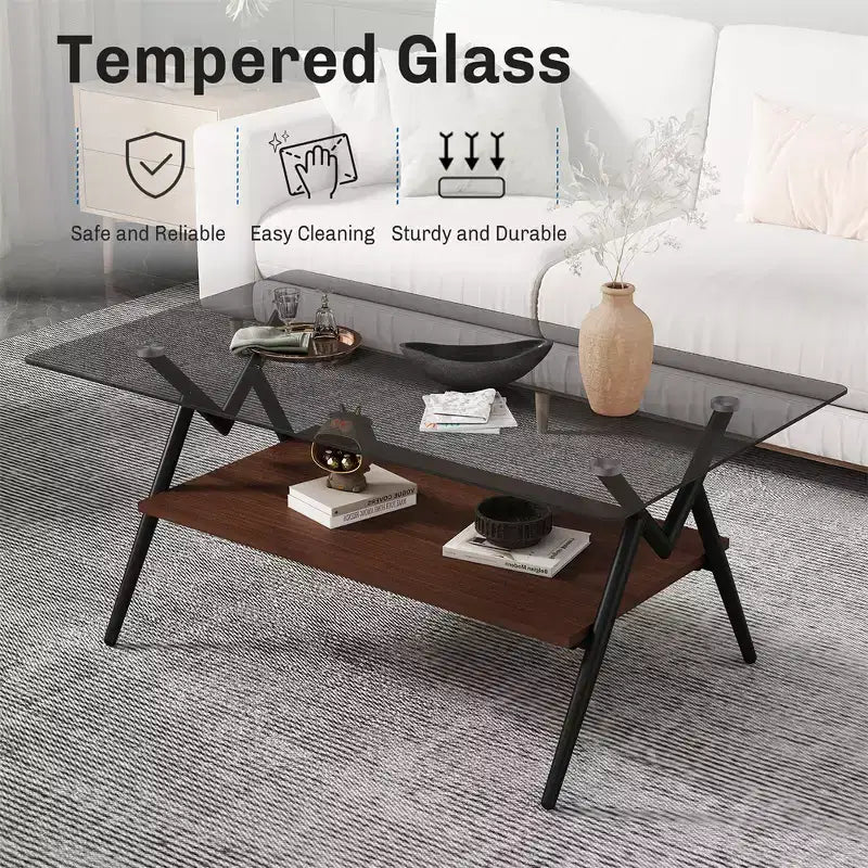 Tavolino da Caffè Moderno in Vetro, Piano Rettangolare Temperato, Gambe in Metallo Nero, Facile Montaggio, per Soggiorno, Ufficio o Ambienti Contemporanei