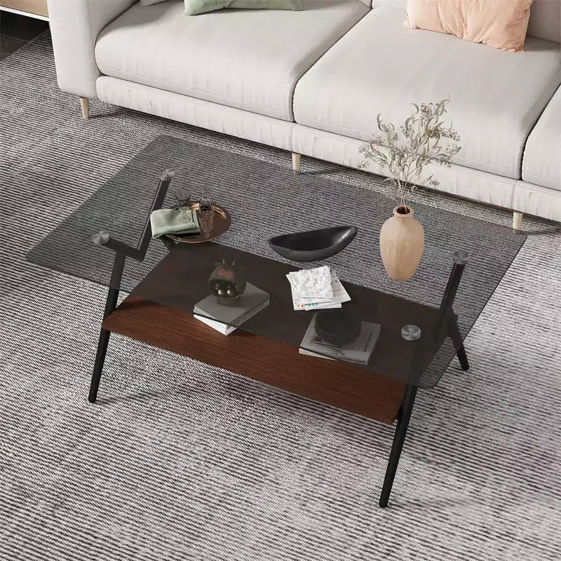 Tavolino da Caffè Moderno in Vetro, Piano Rettangolare Temperato, Gambe in Metallo Nero, Facile Montaggio, per Soggiorno, Ufficio o Ambienti Contemporanei