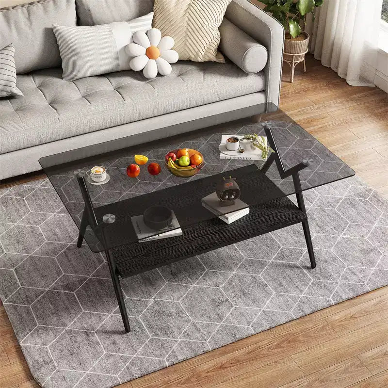 Tavolino da Caffè Moderno in Vetro, Piano Rettangolare Temperato, Gambe in Metallo Nero, Facile Montaggio, per Soggiorno, Ufficio o Ambienti Contemporanei
