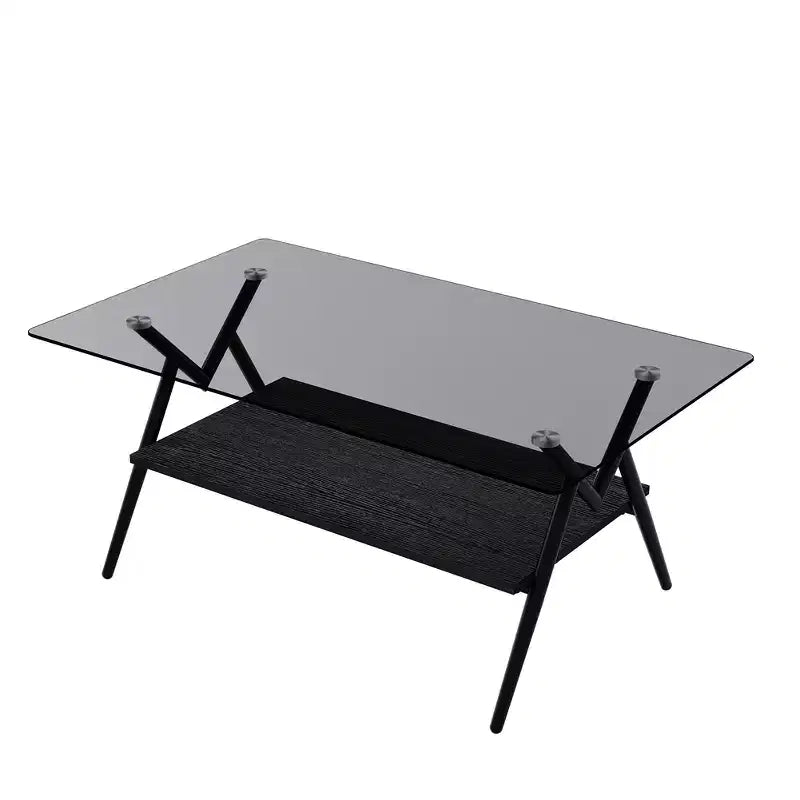 Tavolino da Caffè Moderno in Vetro, Piano Rettangolare Temperato, Gambe in Metallo Nero, Facile Montaggio, per Soggiorno, Ufficio o Ambienti Contemporanei