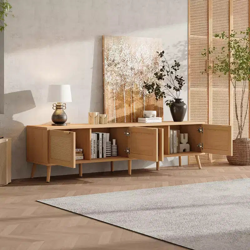 Mobile TV da 70 per TV fino a 80 pollici, Consolle Multimediale Naturale con Ante in Rattan e Fori per Cavi, Centro di Intrattenimento TV - ModernLuxe