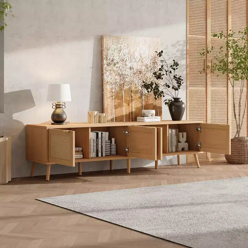 Mobile TV da 70 per TV fino a 80 pollici, Consolle Multimediale Naturale con Ante in Rattan e Fori per Cavi, Centro di Intrattenimento TV - ModernLuxe