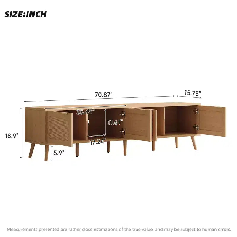 Mobile TV da 70 per TV fino a 80 pollici, Consolle Multimediale Naturale con Ante in Rattan e Fori per Cavi, Centro di Intrattenimento TV - ModernLuxe