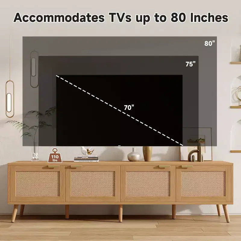 Mobile TV da 70 per TV fino a 80 pollici, Consolle Multimediale Naturale con Ante in Rattan e Fori per Cavi, Centro di Intrattenimento TV - ModernLuxe