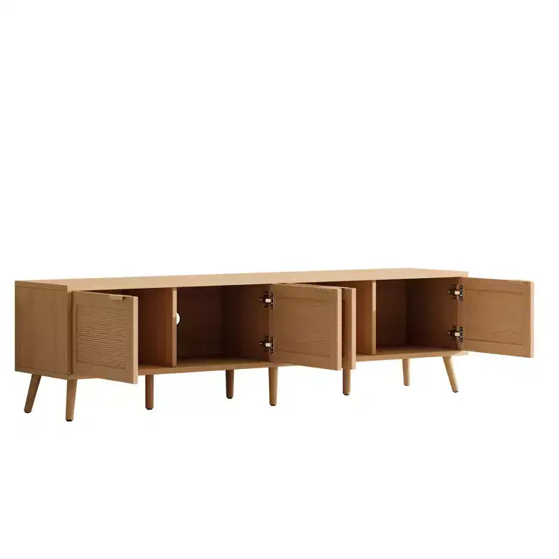 Mobile TV da 70 per TV fino a 80 pollici, Consolle Multimediale Naturale con Ante in Rattan e Fori per Cavi, Centro di Intrattenimento TV - ModernLuxe