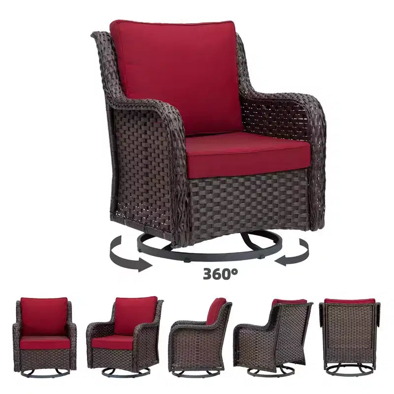 Set da bistrò da esterno in vimini da 3 pezzi con sedie a dondolo girevoli a 360 gradi e tavolino laterale in vetro temperato per portico e giardino