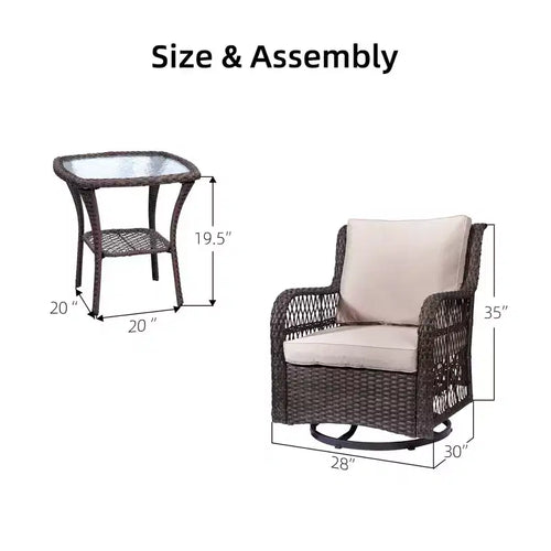 Set da bistrò da esterno in vimini da 3 pezzi con sedie a dondolo girevoli a 360 gradi e tavolino laterale in vetro temperato per portico e giardino