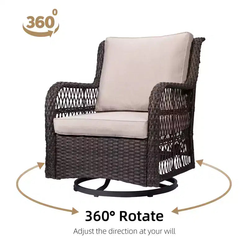 Set da bistrò da esterno in vimini da 3 pezzi con sedie a dondolo girevoli a 360 gradi e tavolino laterale in vetro temperato per portico e giardino