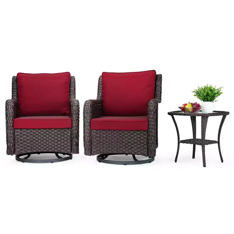 Set da bistrò da esterno in vimini da 3 pezzi con sedie a dondolo girevoli a 360 gradi e tavolino laterale in vetro temperato per portico e giardino