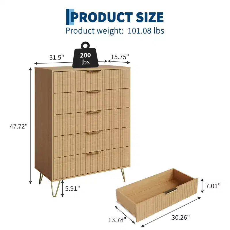 Cassettiera a 5 cassetti per camera da letto, comò in legno da 80 cm di larghezza, organizer scanalato per vestiti, comodino stretto per soggiorno