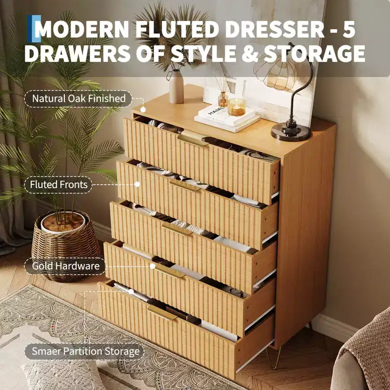 Cassettiera a 5 cassetti per camera da letto, comò in legno da 80 cm di larghezza, organizer scanalato per vestiti, comodino stretto per soggiorno