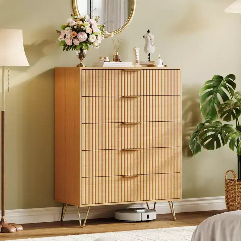 Cassettiera a 5 cassetti per camera da letto, comò in legno da 80 cm di larghezza, organizer scanalato per vestiti, comodino stretto per soggiorno