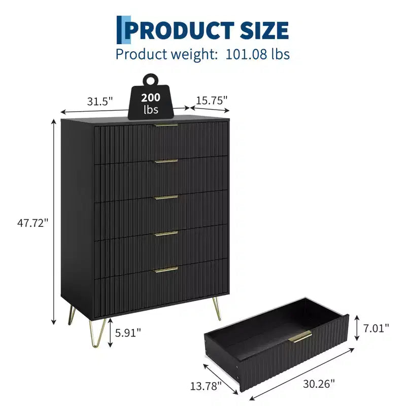 Cassettiera a 5 cassetti per camera da letto, comò in legno da 80 cm di larghezza, organizer scanalato per vestiti, comodino stretto per soggiorno