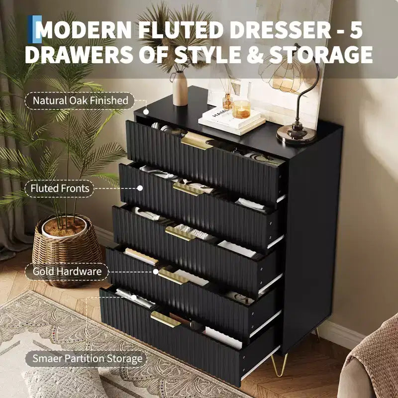 Cassettiera a 5 cassetti per camera da letto, comò in legno da 80 cm di larghezza, organizer scanalato per vestiti, comodino stretto per soggiorno