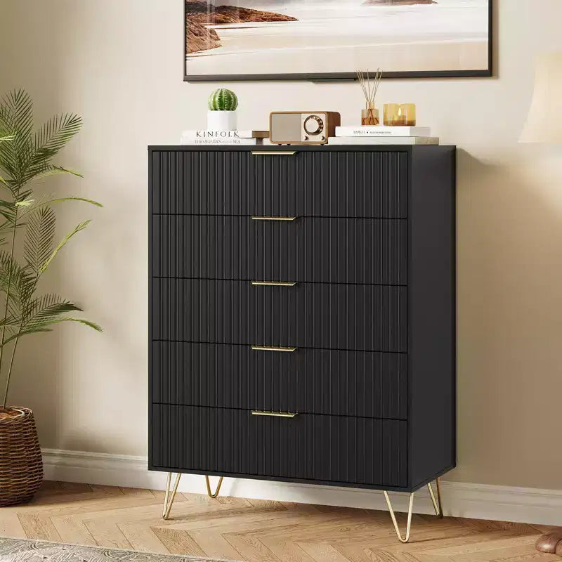 Cassettiera a 5 cassetti per camera da letto, comò in legno da 80 cm di larghezza, organizer scanalato per vestiti, comodino stretto per soggiorno