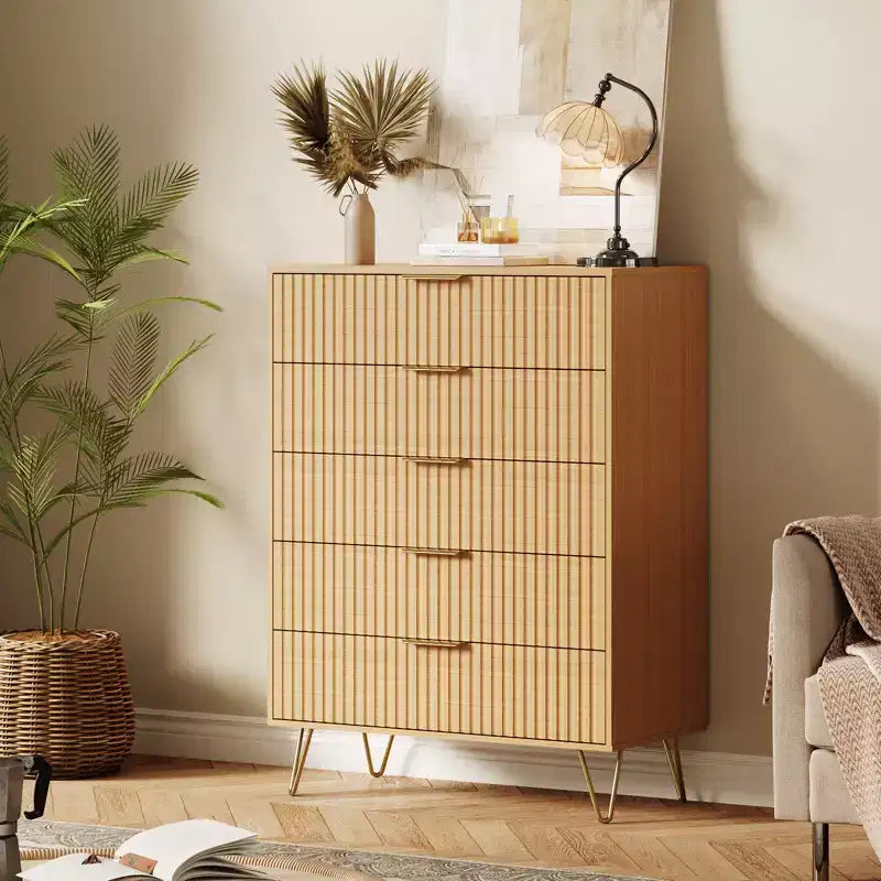 Cassettiera a 5 cassetti per camera da letto, comò in legno da 80 cm di larghezza, organizer scanalato per vestiti, comodino stretto per soggiorno
