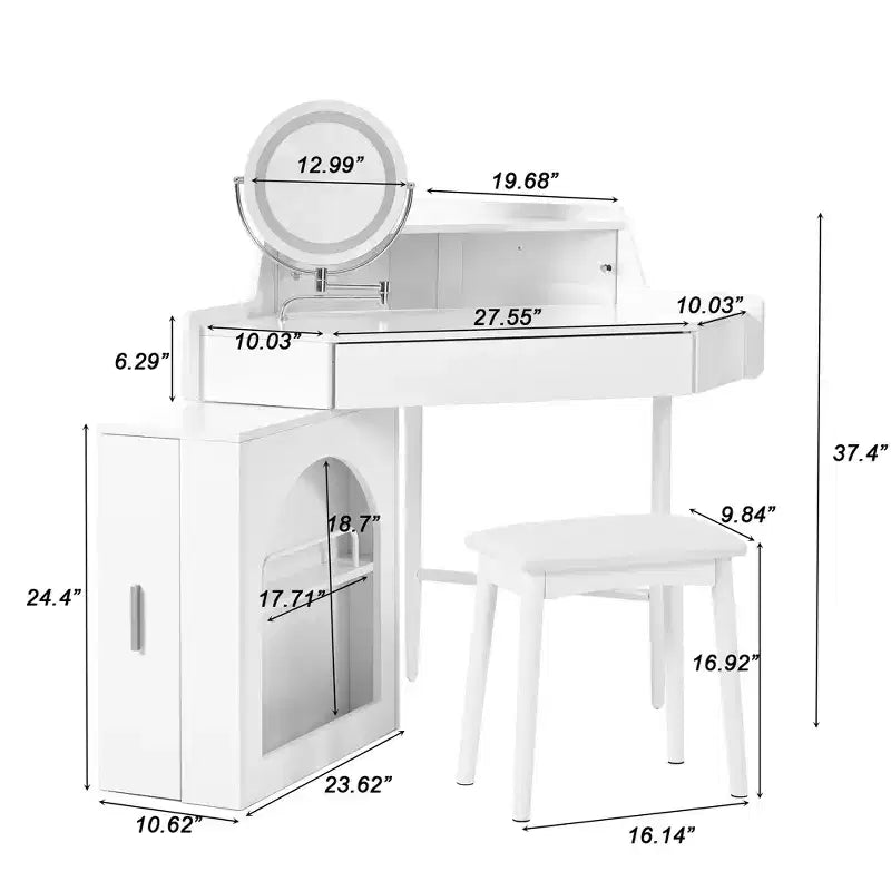 Set Toeletta Angolare GDFStudio Gore con Sgabello e Specchio Rotante, Mobile Laterale Spostabile e Luce LED a 3 Colori, Bianco